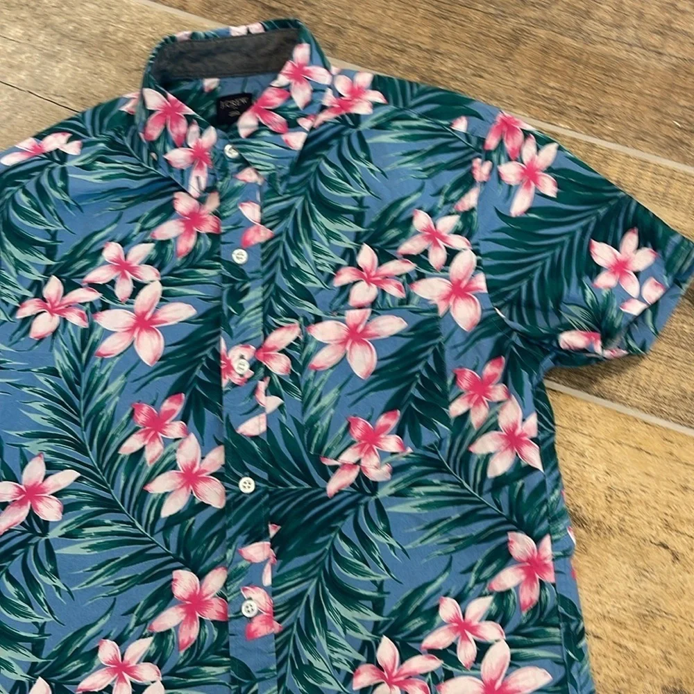 J. Crew Blue & Pink Tropical Leaf Floral Button Front Short Sleeve Shirt S